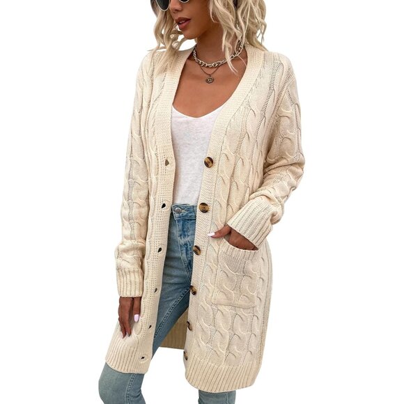Disi Womens beige Cardigan Long Sleeves Cable Knit Open Front Loose Sweaters - Picture 1 of 5